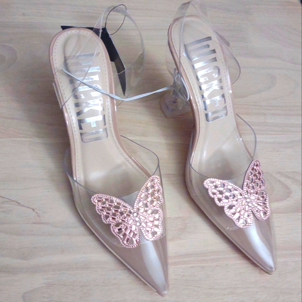 Wicked Y2k Pink Crystal Butterfly Acrylic Pointed Toe Kitten Heels Bling F21